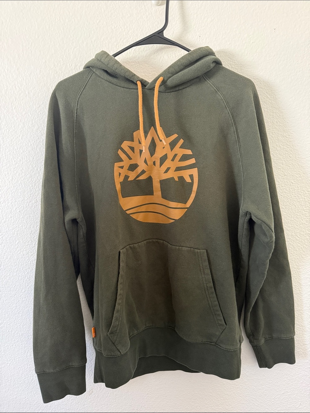 Timberland Men's Olive Green Hoodie with Tan Logo Size Medium